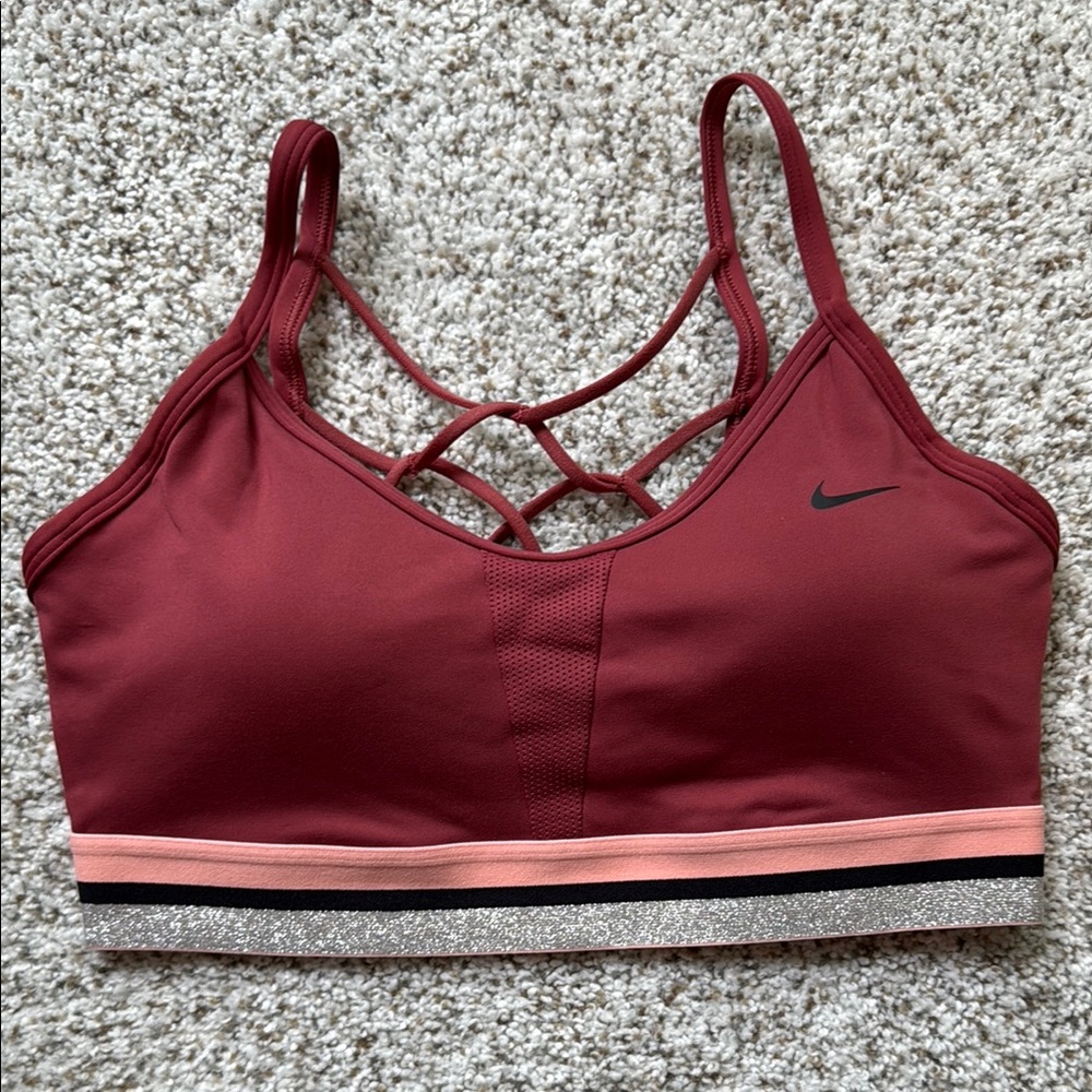 Nike Burgundy, Black, Pink & Silver Glitter Trim Sports Bra with Strappy Design